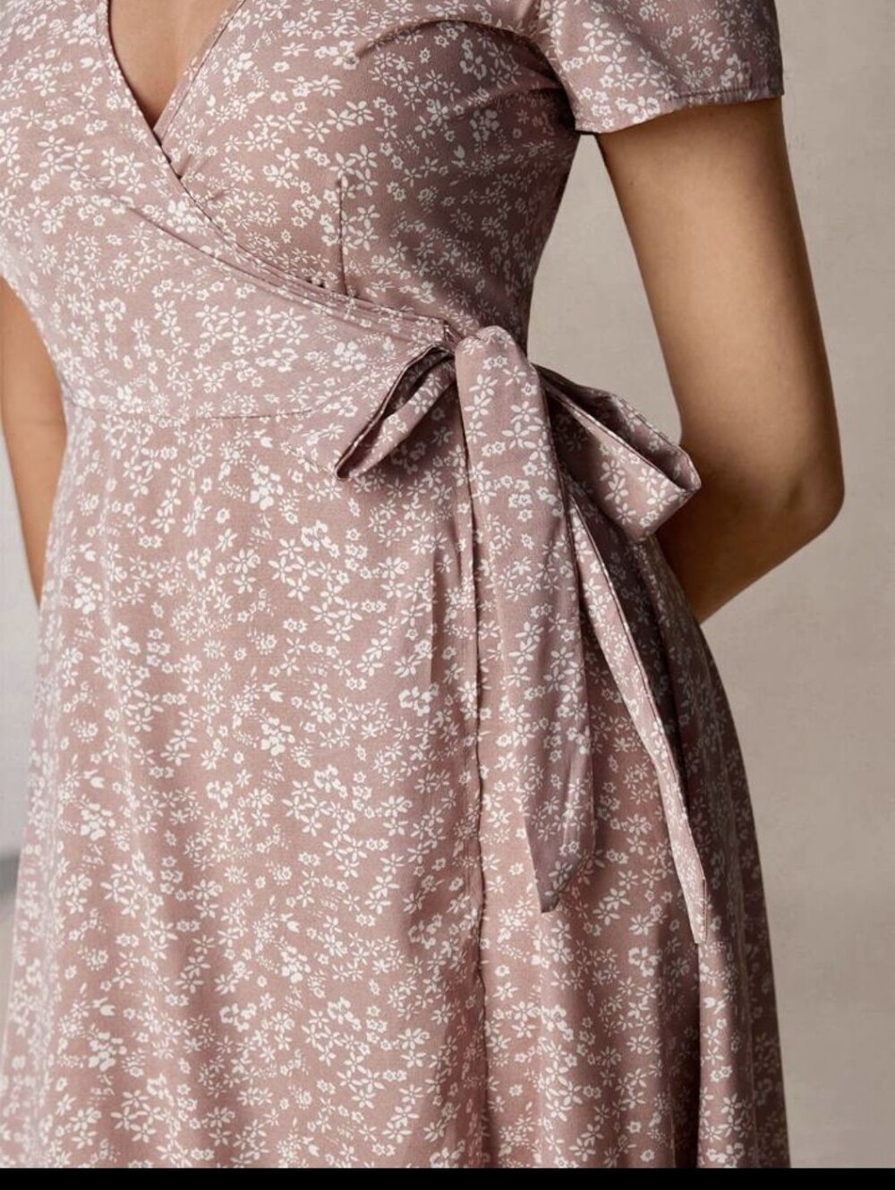 Women Dusty Rose Ditsy White Floral Wrap V-neck Flowy Maxi Dress Sz Extra Small - Picture 3 of 10